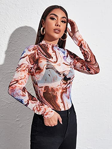 Sheer Mesh Bodysuit SheIn Women S Marble Print Long Sleeve Bodysuit