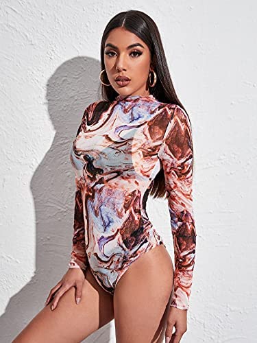 Sheer Mesh Bodysuit SheIn Women S Marble Print Long Sleeve Bodysuit