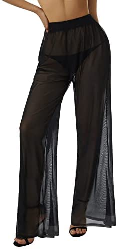 Sheer Mesh Pants Leggings RUEWEY Women See Throug Mesh Flare Cover Up