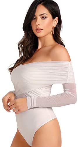 sheer mesh bodysuit : SOLY HUX Women's Criss Cross Sheer Mesh Wrap Off The Shoulder Skinny