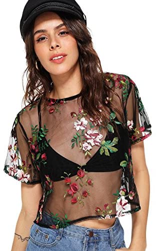 Sheer Mesh Shirt Sweatyrocks Women Sexy Sheer Mesh Crop Tops Floral Embroided See Throught 6417