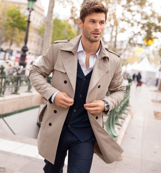 beige trench coat men's outfit