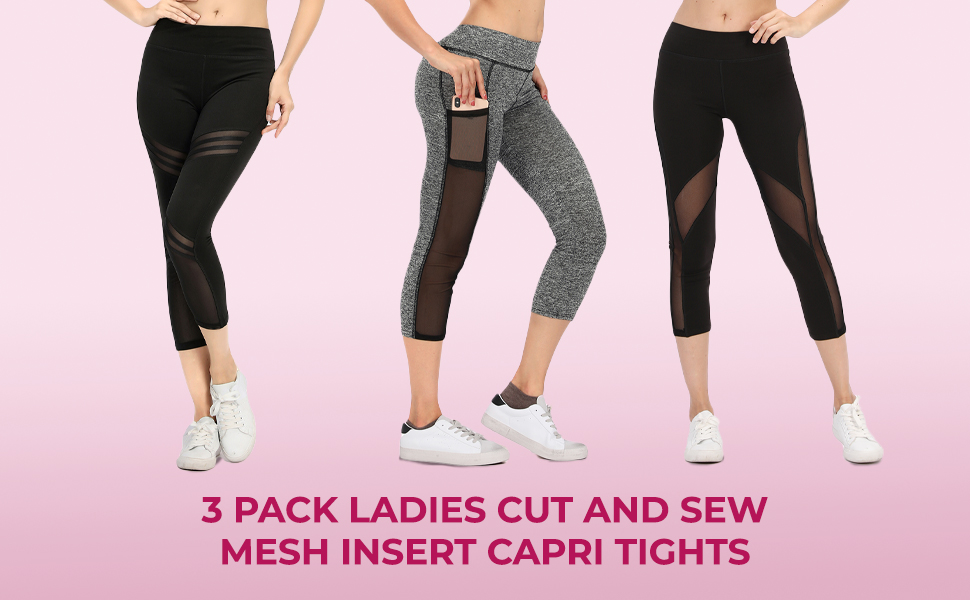 C Crush 3 Pack Ladies Cut and Sew Mesh Insert Capri Tights