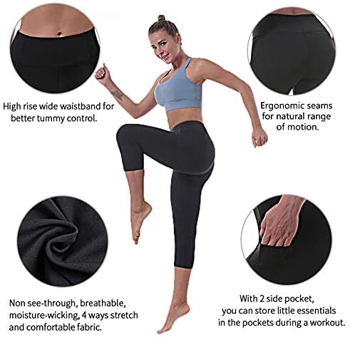 Ritiriko Women's Yoga Pants High Waisted Crop Workout Running Leggings with Side Pocketed Tummy Control 