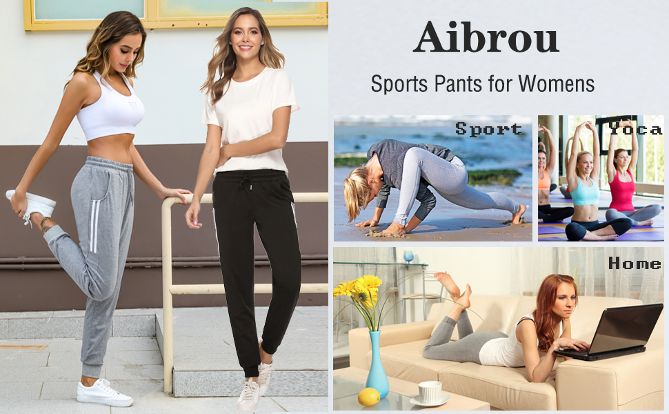 Aibrou Women Jogger Sweatpants Drawstring Waist Striped Side Cotton Yoga Workout Bottoms