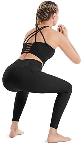 Rocorose Womens High Waist Yoga Pants with Pockets Workout Leggings Tights Tummy Control 4 Way Stretch,Black,S