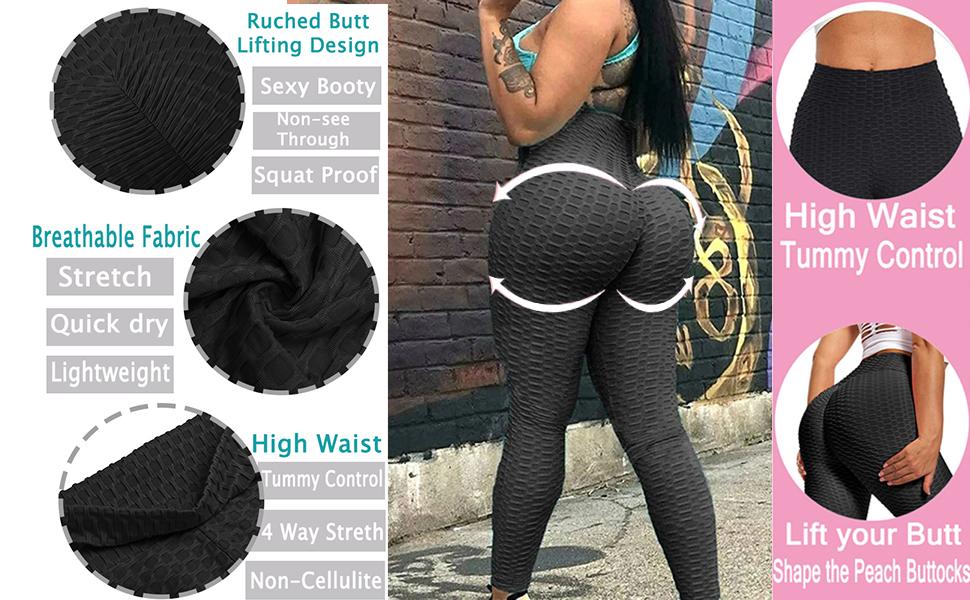 Women Tummy Control Butt Scrunch Leggings Workout Running Textured Tights Anti Cellulite Leggings