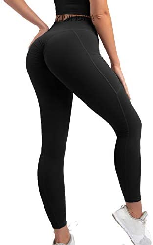KIWI RATA Women Solid Stretch Sports Scrunch Trousers Athletic Gym Workout Fitness Waist Capris Yoga Pants Leggings