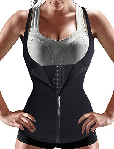 Nebility Women Waist Trainer Corset Trimmer Belt Neoprene Sauna Sweat Suit Zipper Body Shaper Adjustable Workout Tank Tops