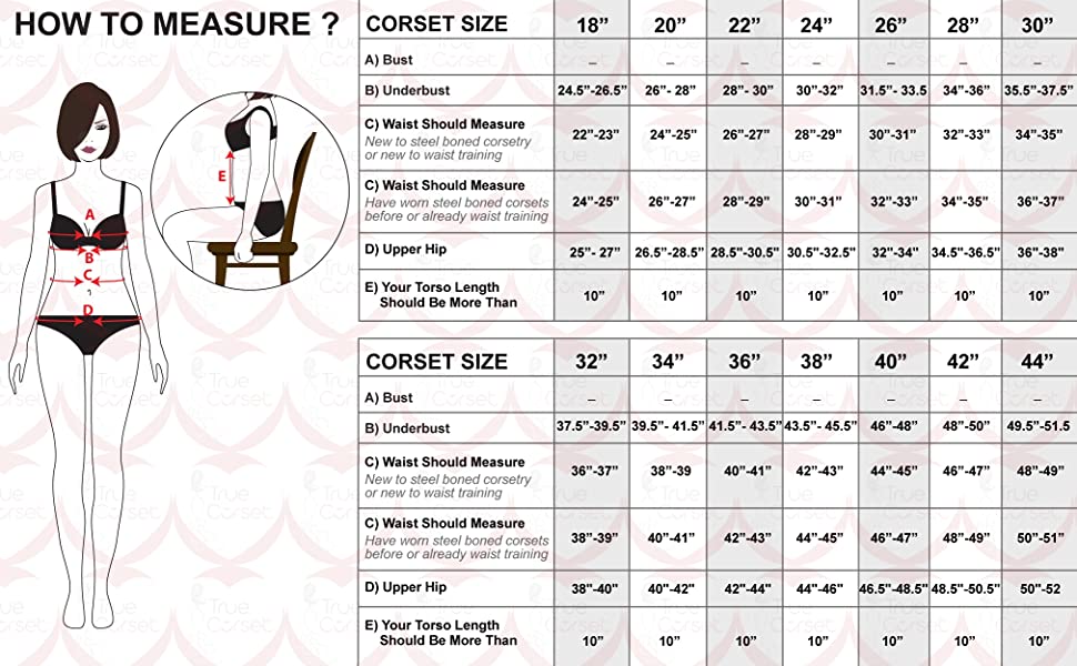 corset fitting guide, size guide, fitting, waist training corsets, steel boned corsets, size chart