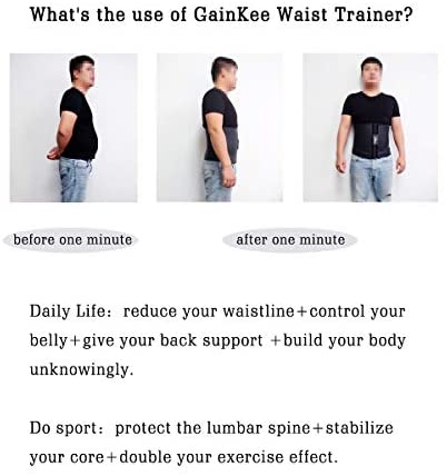 GainKee 100% Latex Men Waist Trainer Corsets with Steel Bone Sweat Belt Sauna Suit for Fitness 