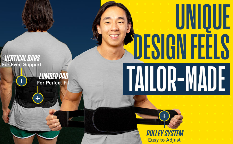 unique design feels tailor-made: easy to adjust pulley system and lumbar pad for perfect fit