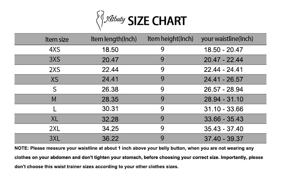 NB1511 waist trainer size chart