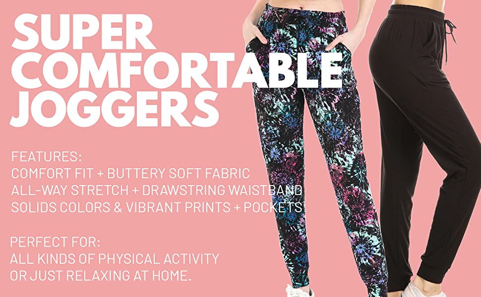 joggers comfort fit buttery soft fabric all way stretch drawstring waistband solid print pockets
