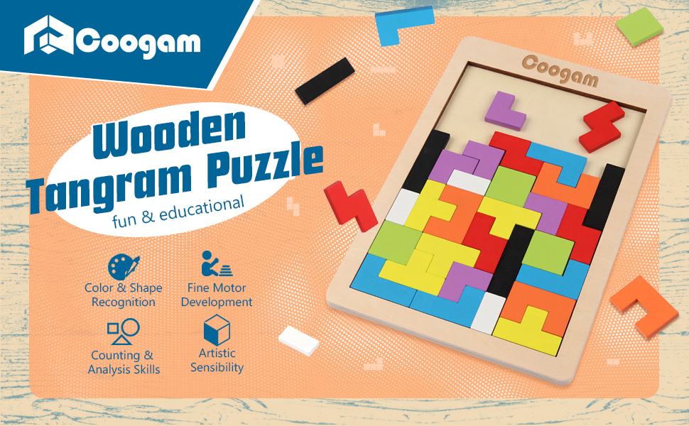 Coogam Wooden Tetris Puzzle Brain Teasers Toy Tangram Jigsaw Intelligence Puzzle
