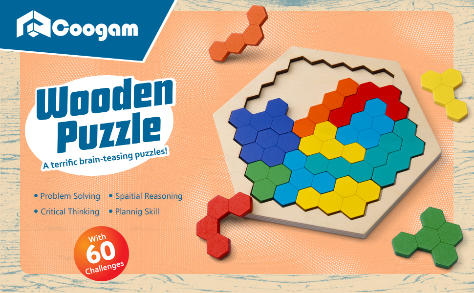 Coogam Wooden Hexagon Puzzle for Kid Adults - Shape Block Tangram Brain Teaser Toy Geometry Logic