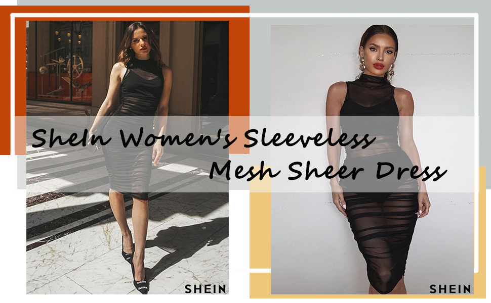 SheIn Women's Sleeveless Mesh Sheer Bodycon Overlay Club Party Ruched Tank Dress