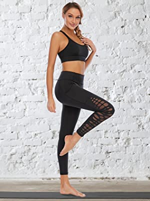 womens black high waist tummy control yoga pants athletic gym workout with pockets plus size legging