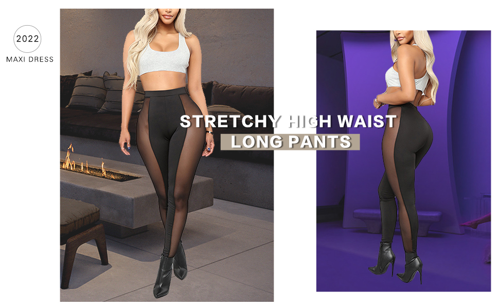 Women's Sexy Mesh Legging Pants See Through Solid Color Black Skinny Long Tights Streetwear