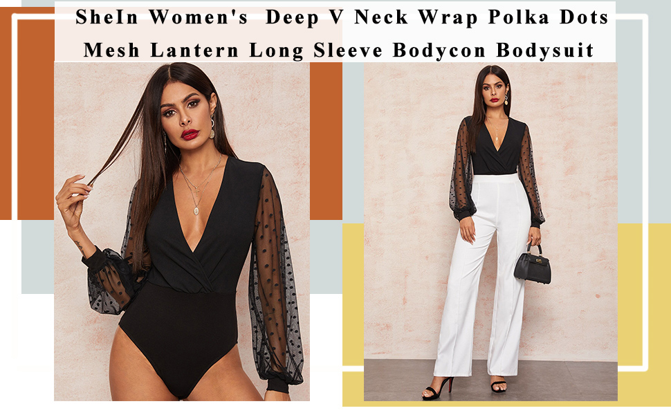SheIn Women's Deep V Neck Wrap Polka Dots Mesh Lantern Long Sleeve Bodycon Bodysuit