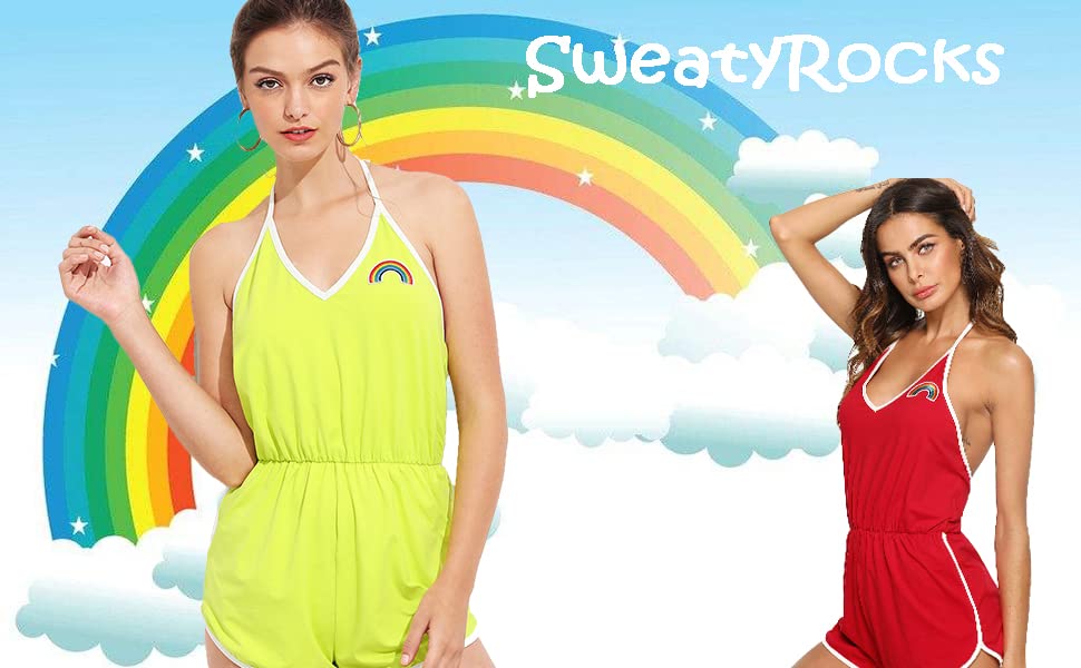 SweatyRocks Women's Halter Sleeveless Short Jumpsuit Rompers Backless Playsuit