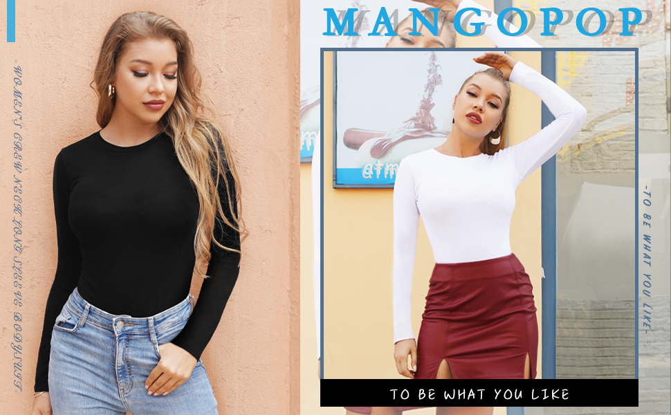 MANGOPOP Women's Crew Neck Short Sleeve Long Sleeve T Shirts Bodysuit Jumpsuit