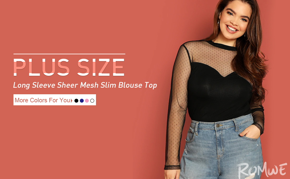 Plus Size Long Sleeve Sheer Contrast Mesh Stand Collar Slim Blouse Top