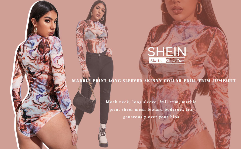 SheIn Women's Marble Print Long Sleeve Bodysuit Mock Neck Frill Trim Sheer Mesh Jumpsuit