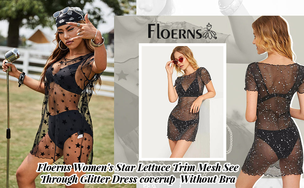 Floerns Women's Star Lettuce Trim Mesh See Through Glitter Dress Without Bra