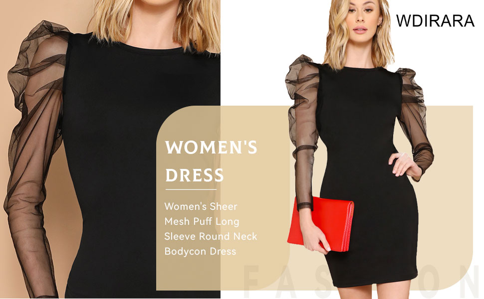 B0987KLDSQ WDIRARA Women's Sheer Mesh Puff Long Sleeve Round Neck Bodycon Dress