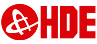 Red circle containing two half rings interlocked followed by the company name HDE