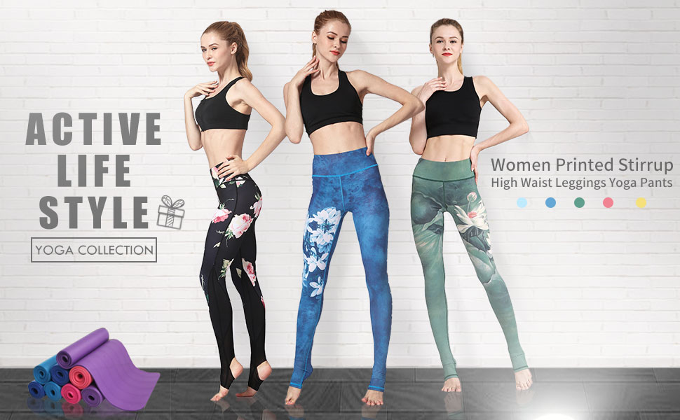 Witkey Yoga Pants Yoga High Waist Power Flex Capris Printed Workout Leggings for Fitness Riding