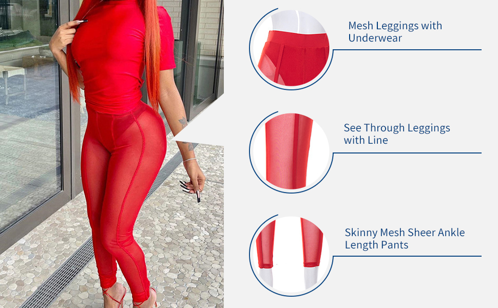 Sheer Mesh Red Pants, Mesh Sheer Leggings For Women, Red See Through Leggings