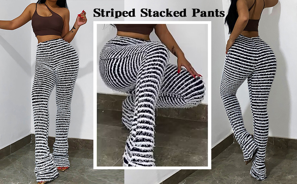 Women's Stacked Pants Fuzzy High Waisted Stripe Leggings Bodycon Flare Pants Trousers Streetwear