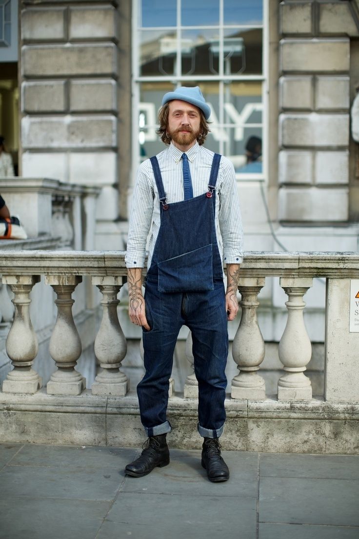 Men's Grey Vertical Striped Long Sleeve Shirt, Blue Denim Overalls