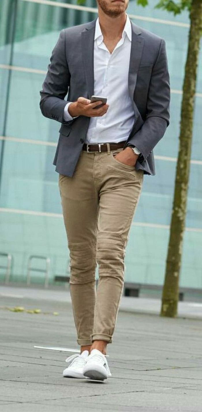 Stylish Men's Outfit with Beige Pants and Gray Jacket