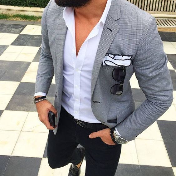 Men's Grey Blazer, White Long Sleeve Shirt, Black Chinos, Black