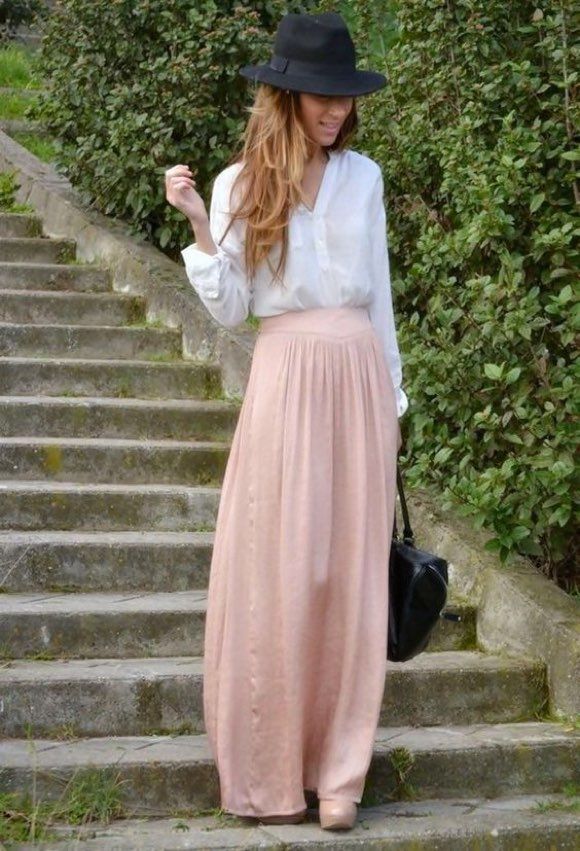 Jupe longue rose pâle + chemise blanche - Taaora - Blog Mode