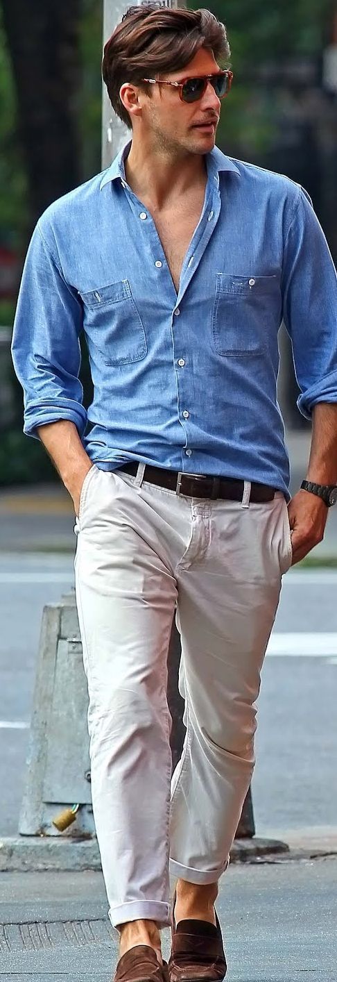 Men's Light Blue Denim Shirt, Beige Chinos, Dark Brown Suede