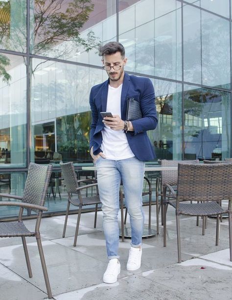 Men's Navy Blazer, White Crew-neck T-shirt, Light Blue Jeans