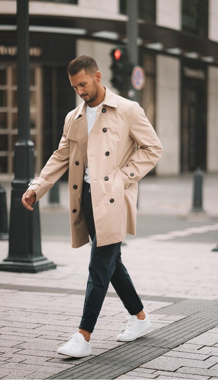 beige trench coat men's outfit