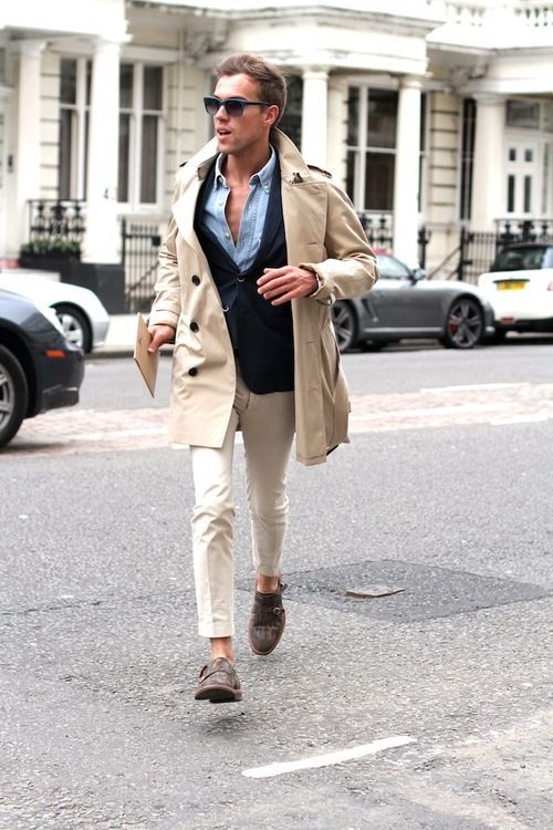 beige trench coat men's outfit