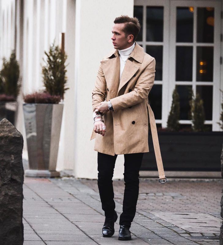beige trench coat men's outfit