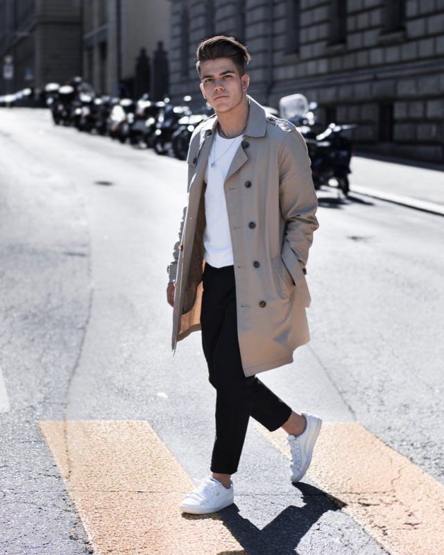 beige trench coat men's outfit