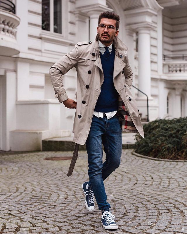 beige trench coat men's outfit