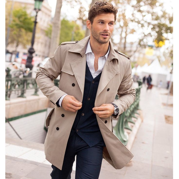 beige trench coat men's outfit