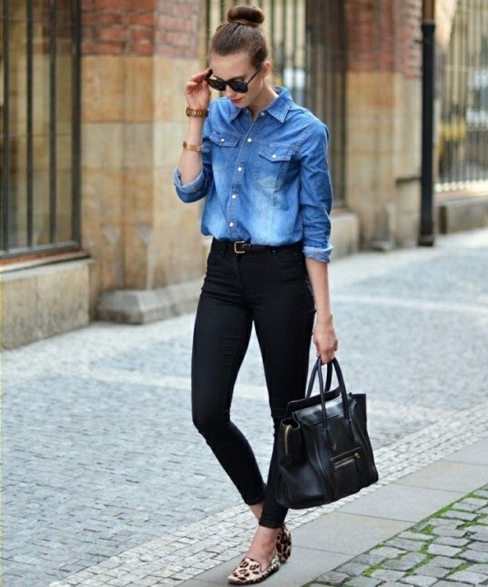 chemise en jean pantalon noir