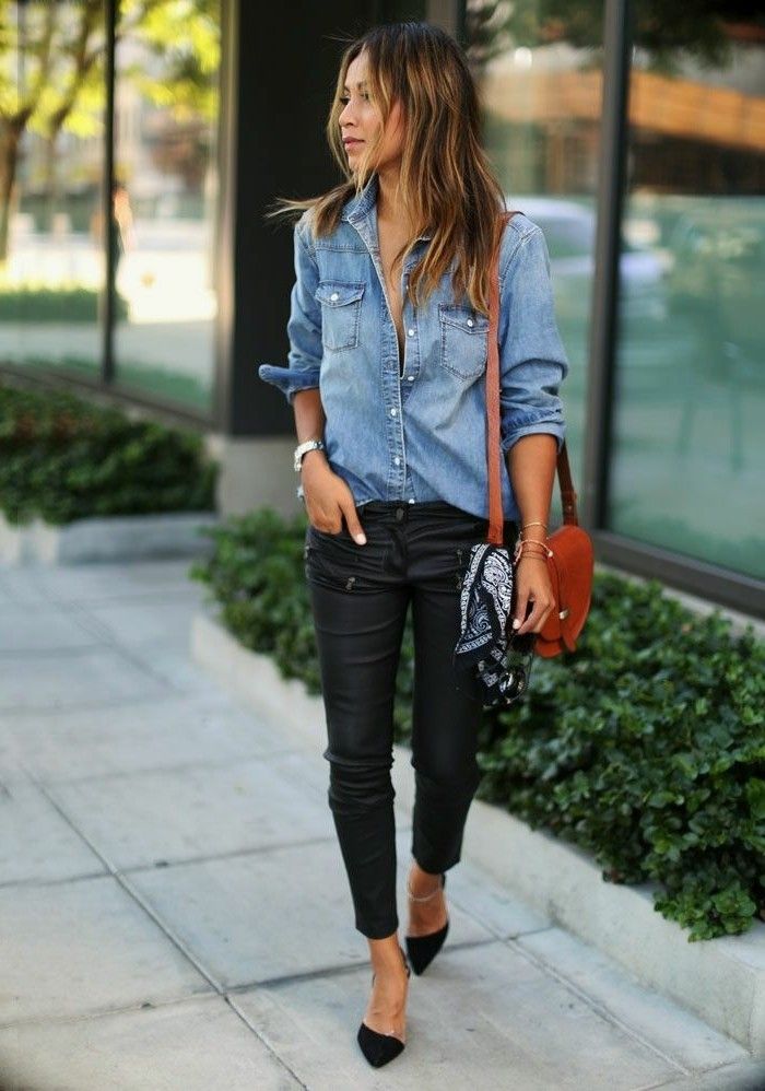 chemise en jean pantalon noir