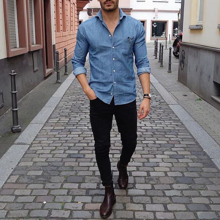 chemise en jean pantalon noir
