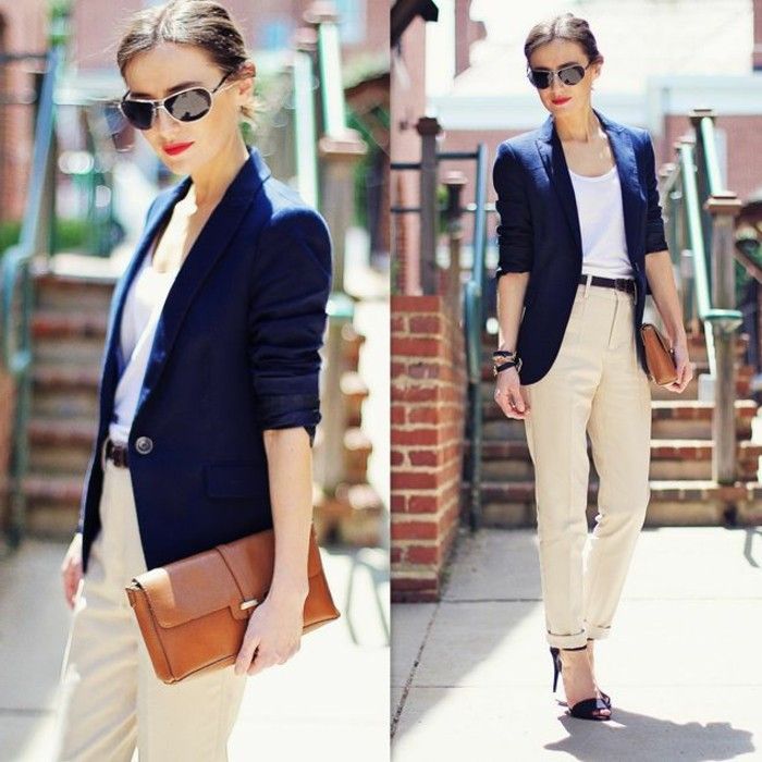 pantalon noir veste bleue femme